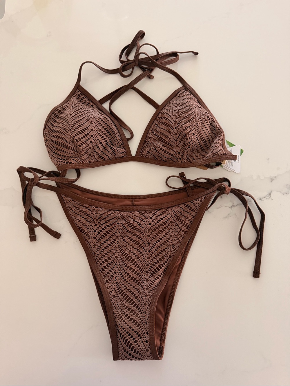 Berlook Brown Crochet Tie-Side Triangle Bikini Set - Women Swim